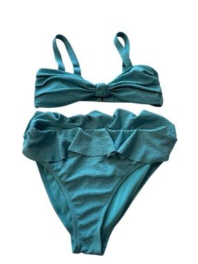 Time and Tru Textured Ruffle Bikini Set Turquoise Blue Large Top and Bottom